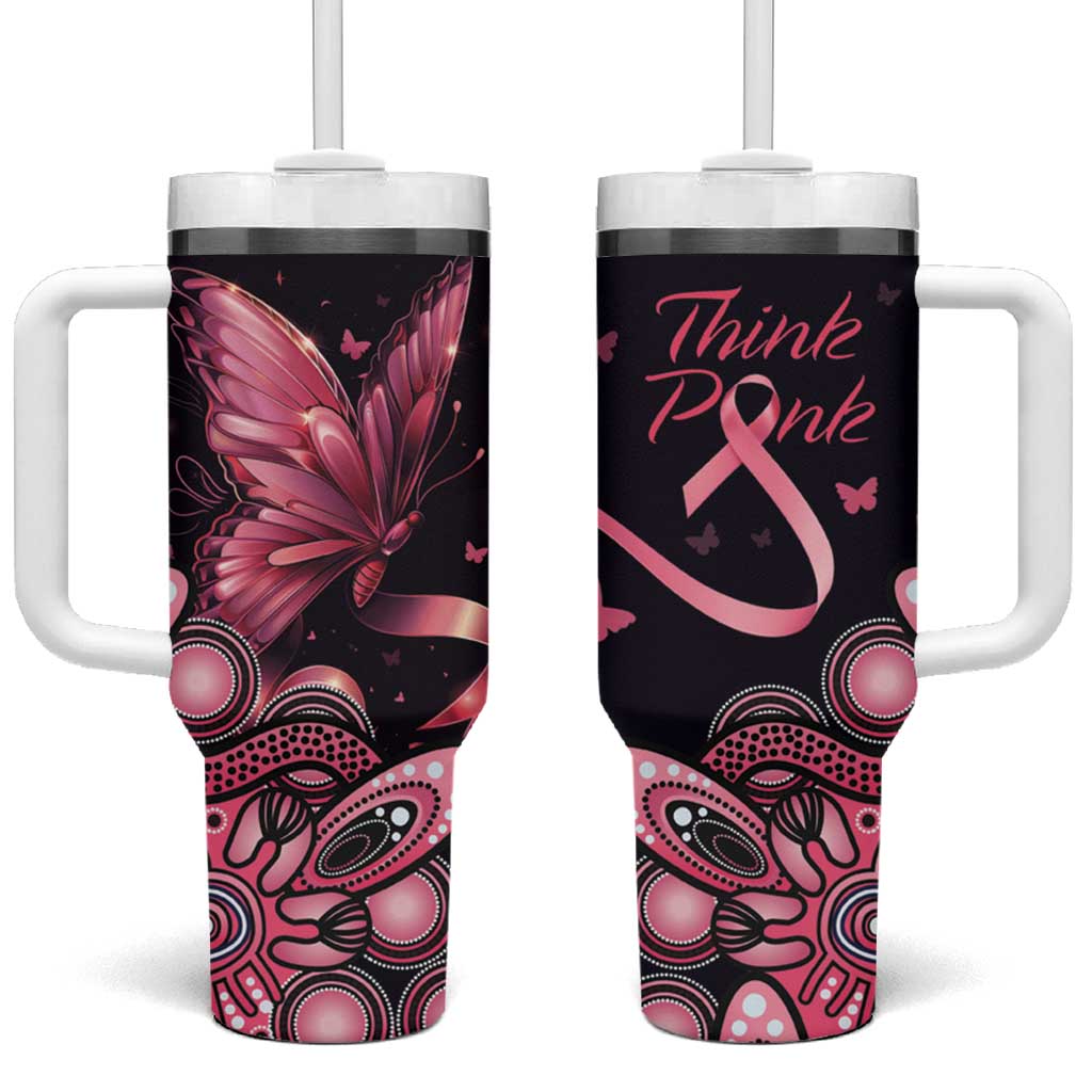 Think Pink Butterfly Ribbon Aboriginal Art Tumbler With Handle
