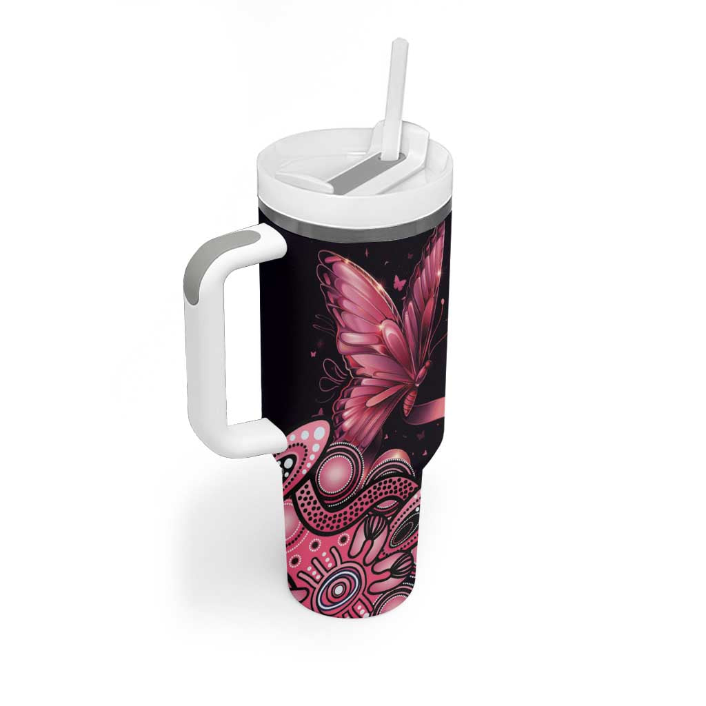 Think Pink Butterfly Ribbon Aboriginal Art Tumbler With Handle
