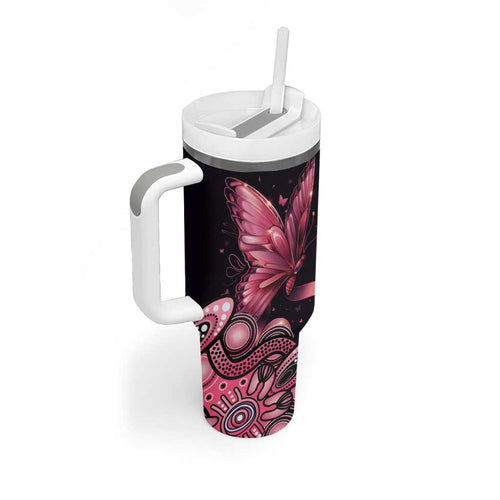 Think Pink Butterfly Ribbon Aboriginal Art Tumbler With Handle