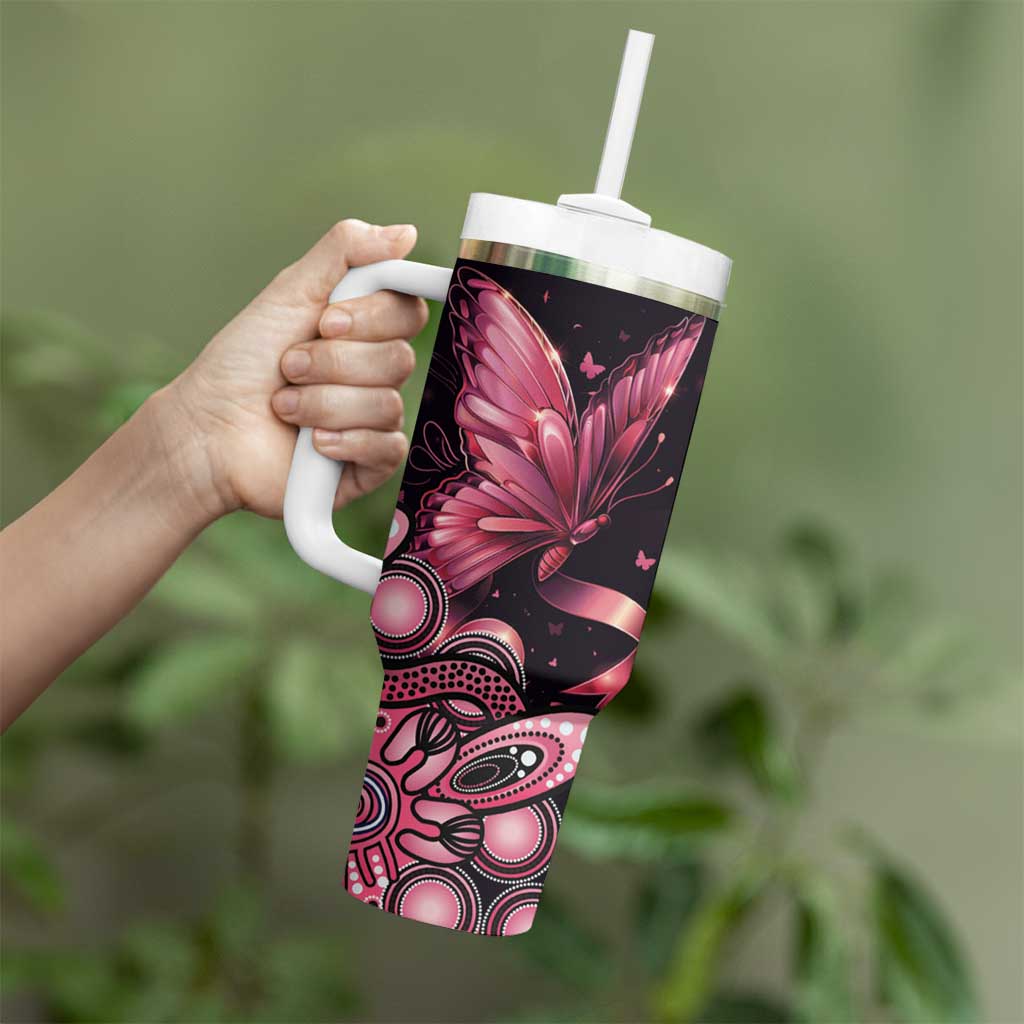 Think Pink Butterfly Ribbon Aboriginal Art Tumbler With Handle