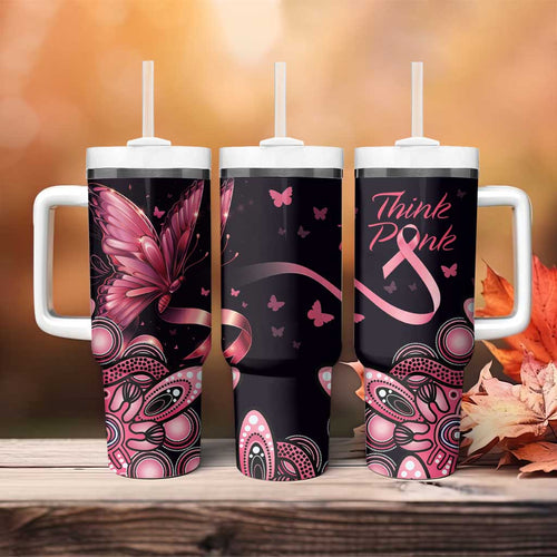 Think Pink Butterfly Ribbon Aboriginal Art Tumbler With Handle