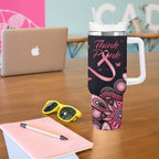 Think Pink Butterfly Ribbon Aboriginal Art Tumbler With Handle