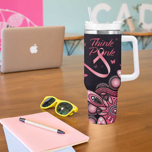 Think Pink Butterfly Ribbon Aboriginal Art Tumbler With Handle