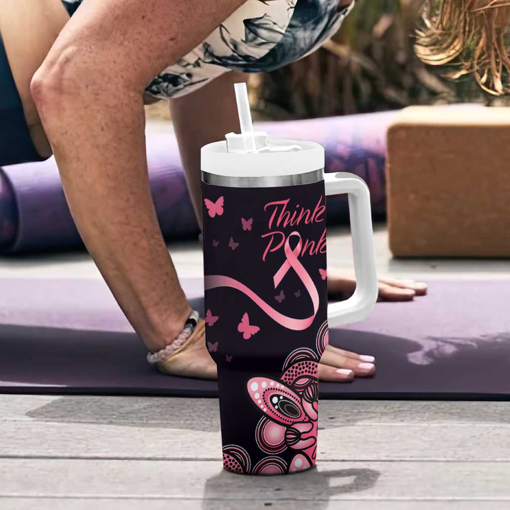 Think Pink Butterfly Ribbon Aboriginal Art Tumbler With Handle