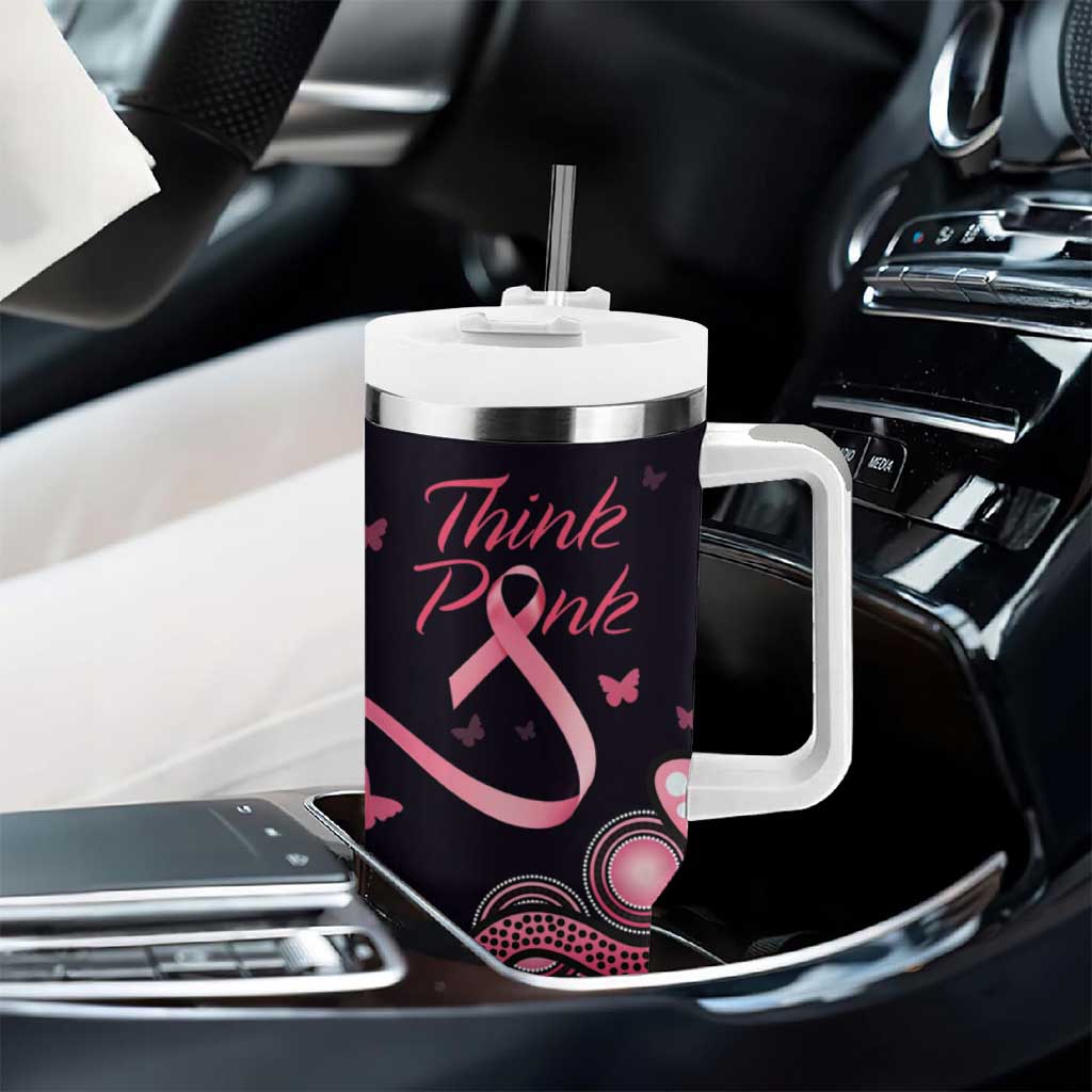 Think Pink Butterfly Ribbon Aboriginal Art Tumbler With Handle
