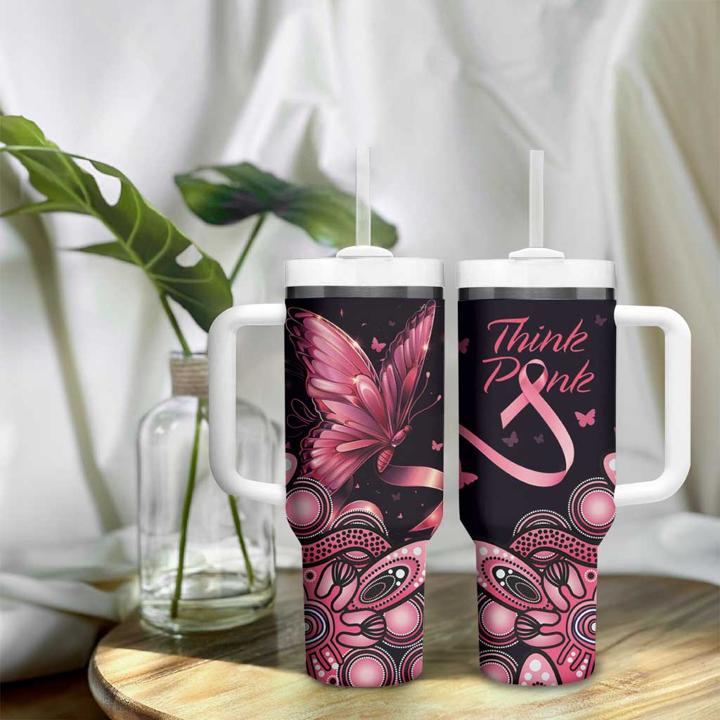Think Pink Butterfly Ribbon Aboriginal Art Tumbler With Handle