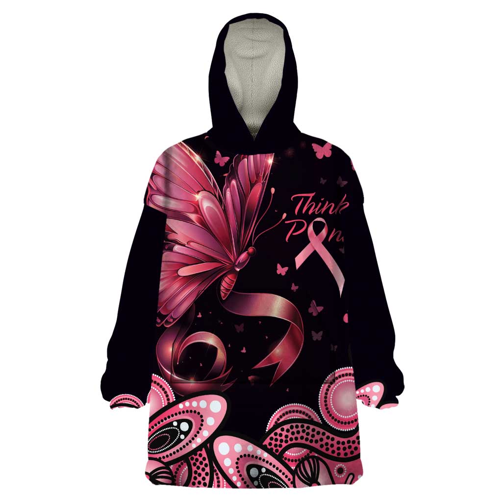 Think Pink Butterfly Ribbon Aboriginal Art Wearable Blanket Hoodie