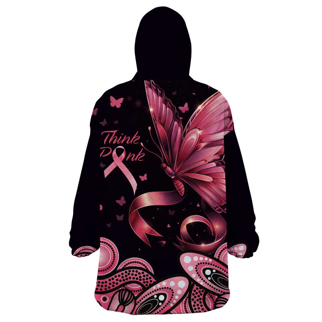 Think Pink Butterfly Ribbon Aboriginal Art Wearable Blanket Hoodie