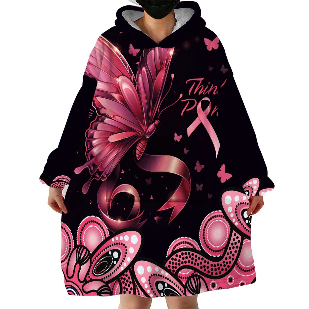 Think Pink Butterfly Ribbon Aboriginal Art Wearable Blanket Hoodie