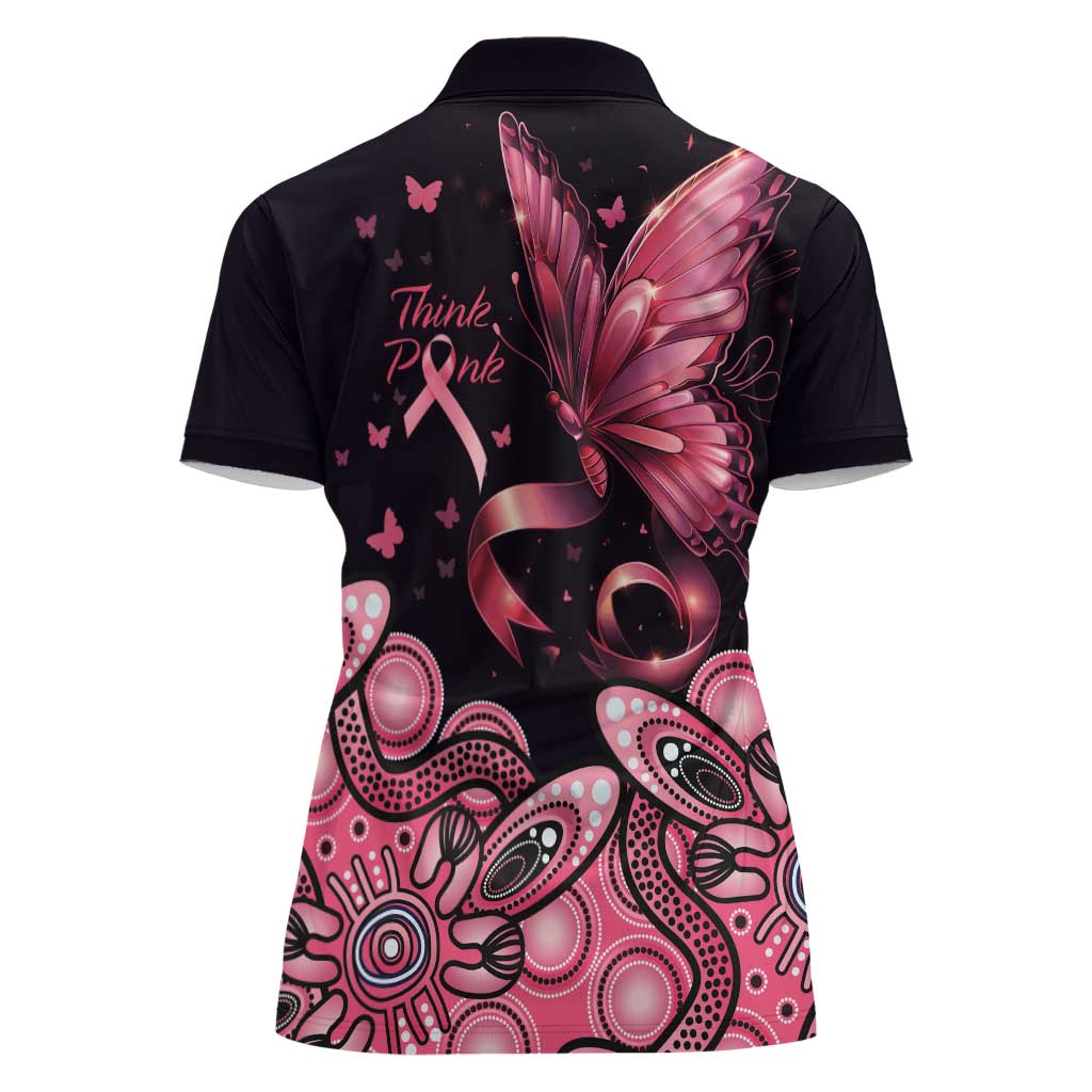Think Pink Butterfly Ribbon Aboriginal Art Women Polo Shirt