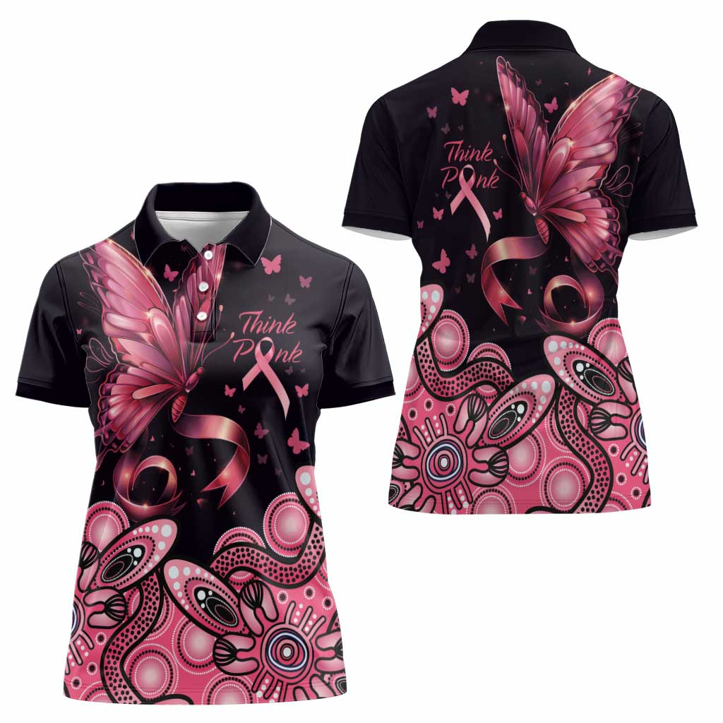 Think Pink Butterfly Ribbon Aboriginal Art Women Polo Shirt