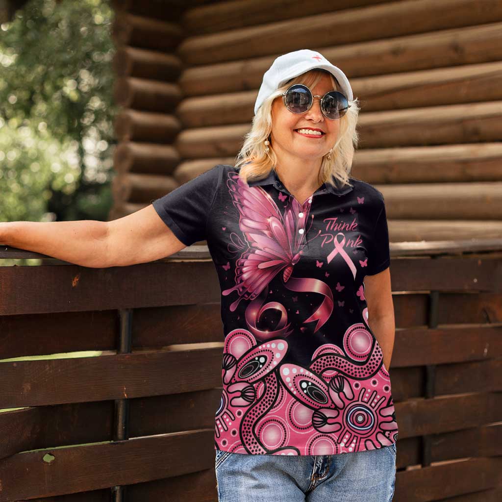 Think Pink Butterfly Ribbon Aboriginal Art Women Polo Shirt