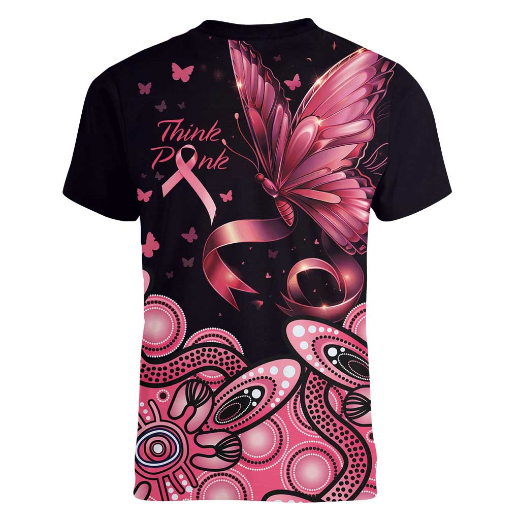 Think Pink Butterfly Ribbon Aboriginal Art Women V-Neck T-Shirt