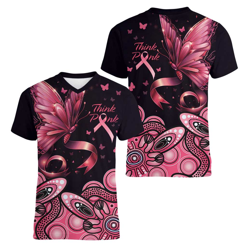 Think Pink Butterfly Ribbon Aboriginal Art Women V-Neck T-Shirt