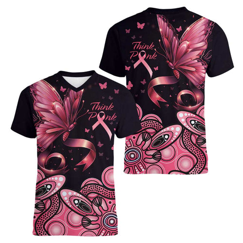Think Pink Butterfly Ribbon Aboriginal Art Women V-Neck T-Shirt