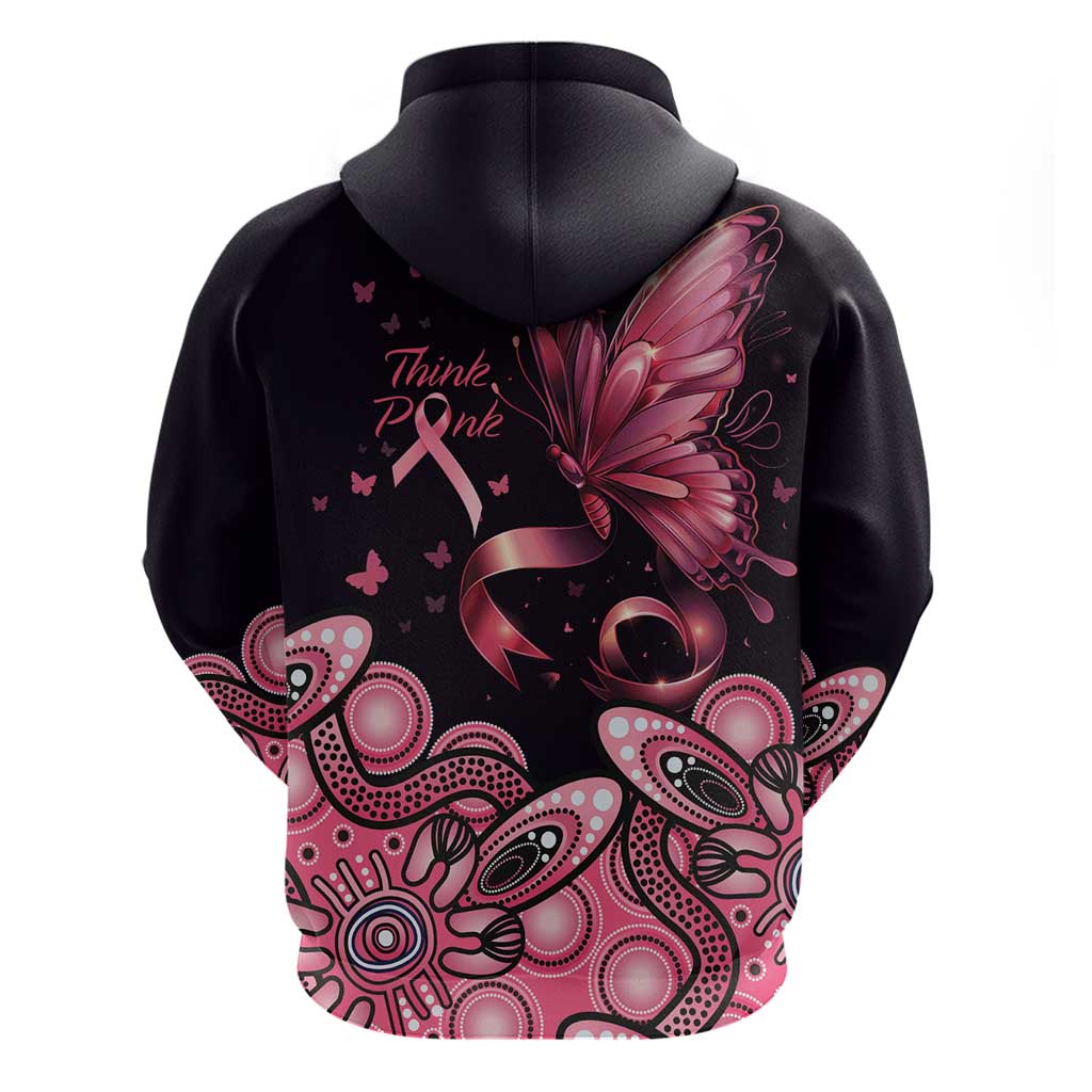 Think Pink Butterfly Ribbon Aboriginal Art Zip Hoodie
