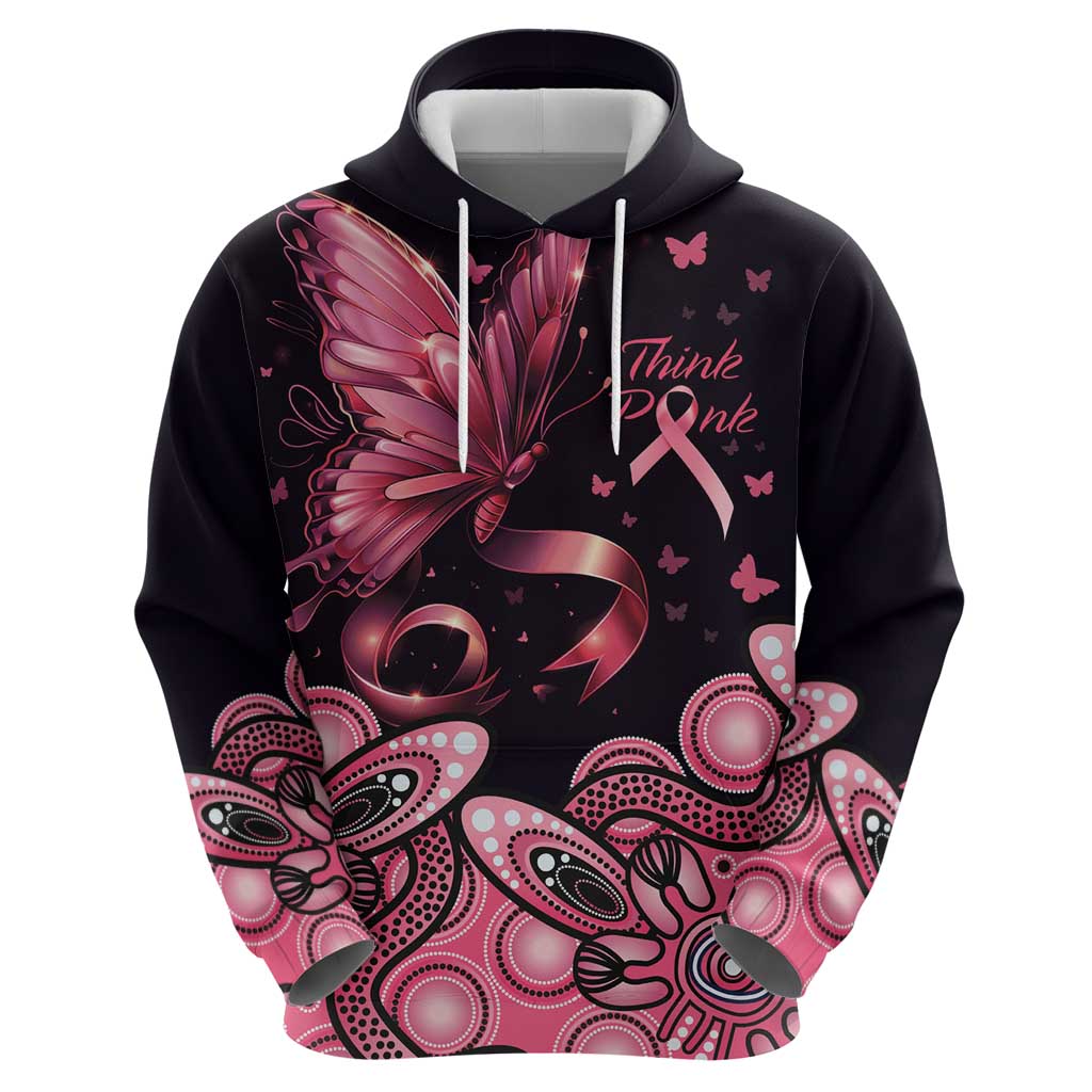 Think Pink Butterfly Ribbon Aboriginal Art Zip Hoodie