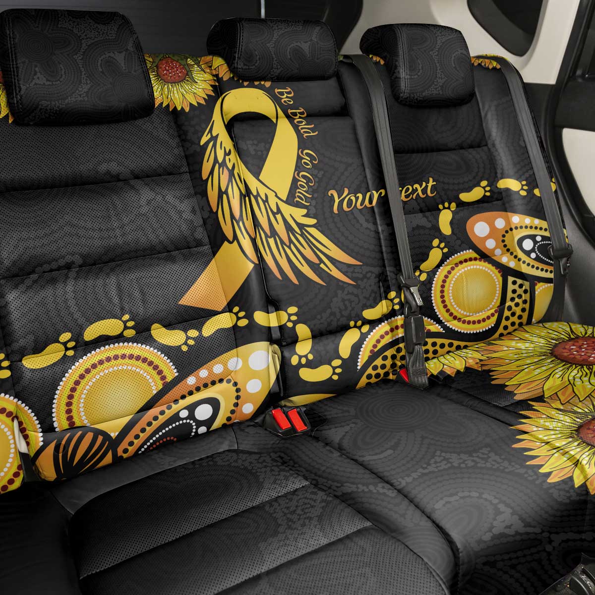 Be Bold Go Gold Aboriginal Ribbon Childhood Personalised Back Car Seat Cover