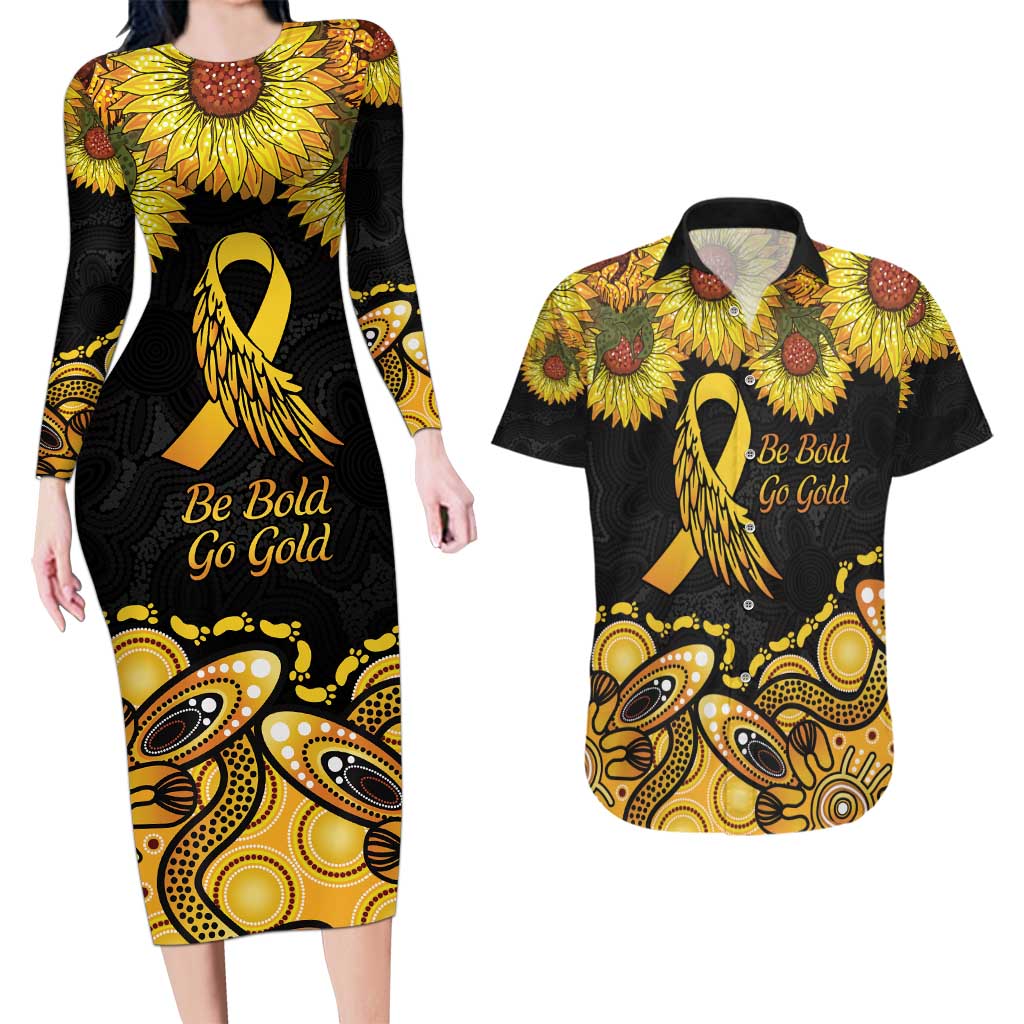 Be Bold Go Gold Aboriginal Ribbon Childhood Personalised Couples Matching Long Sleeve Bodycon Dress and Hawaiian Shirt