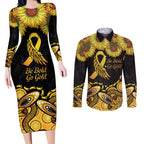 Be Bold Go Gold Aboriginal Ribbon Childhood Personalised Couples Matching Long Sleeve Bodycon Dress and Long Sleeve Button Shirt