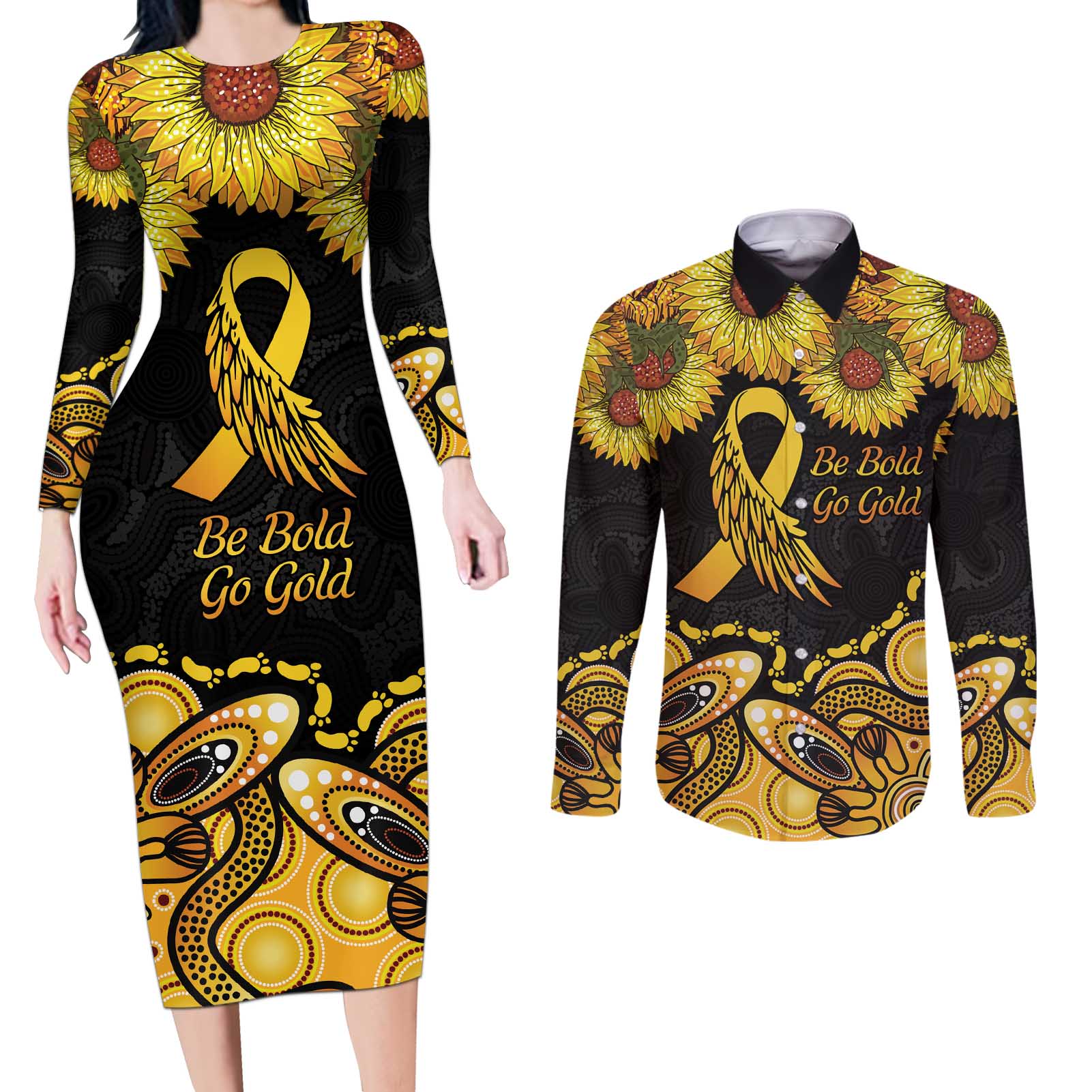 Be Bold Go Gold Aboriginal Ribbon Childhood Personalised Couples Matching Long Sleeve Bodycon Dress and Long Sleeve Button Shirt