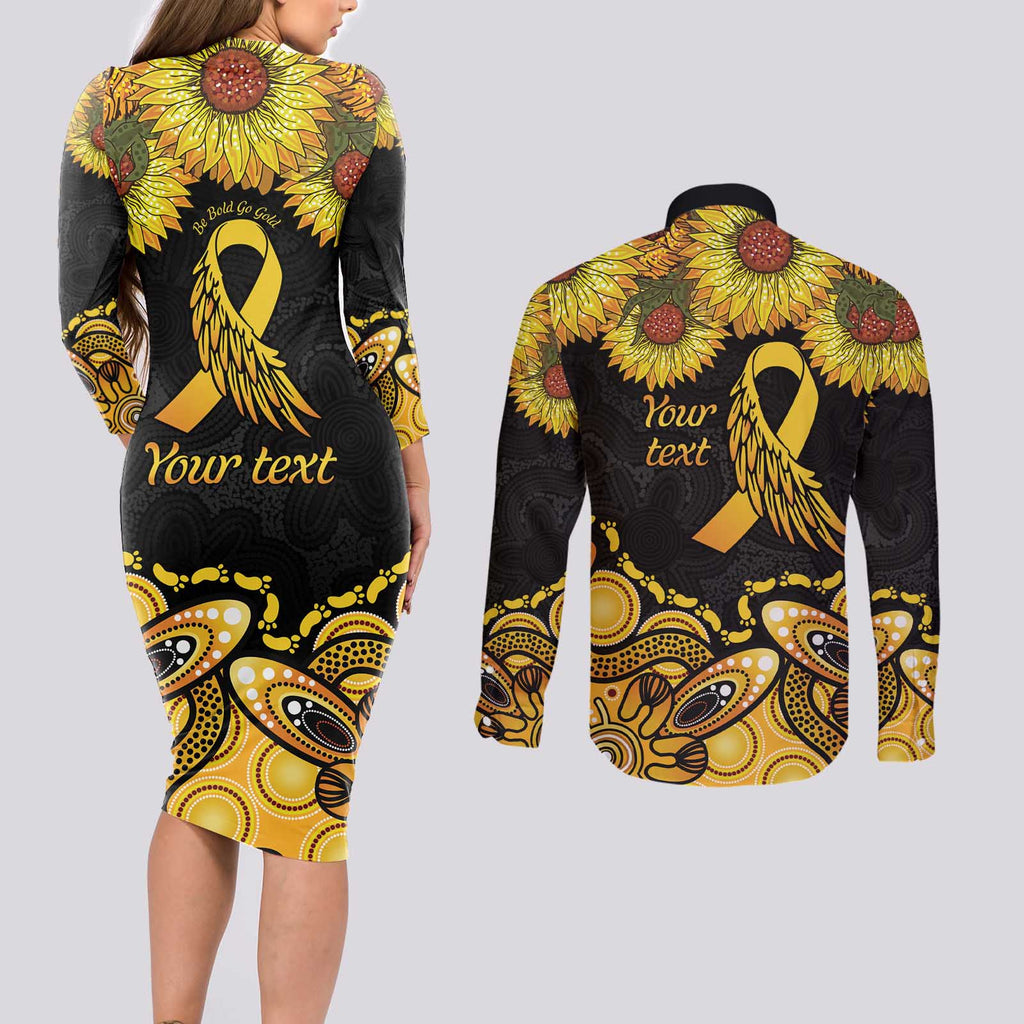 Be Bold Go Gold Aboriginal Ribbon Childhood Personalised Couples Matching Long Sleeve Bodycon Dress and Long Sleeve Button Shirt