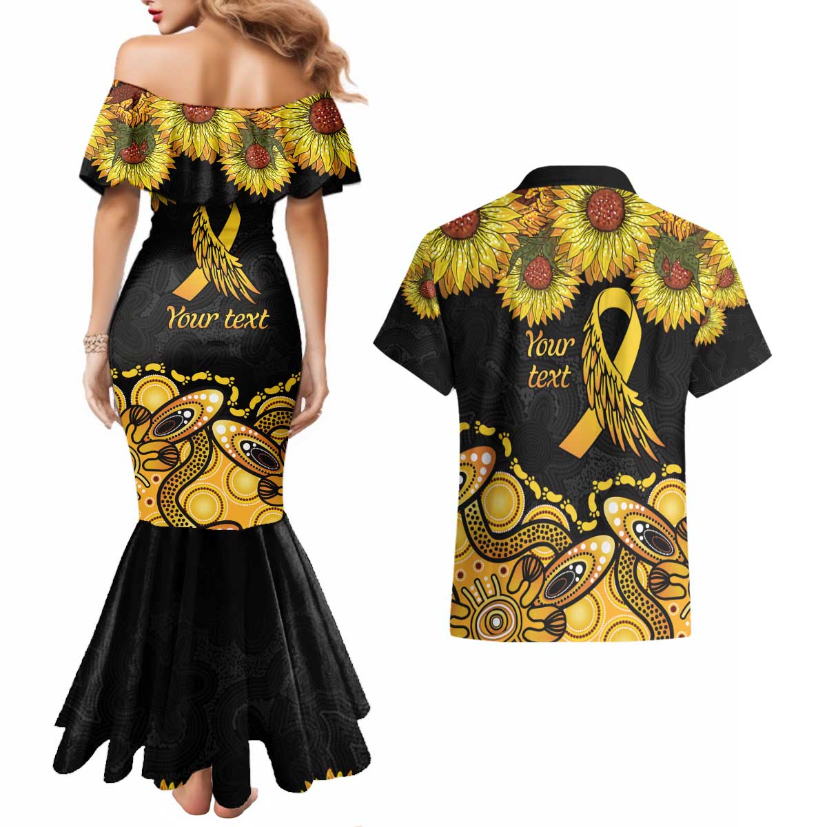 Be Bold Go Gold Aboriginal Ribbon Childhood Personalised Couples Matching Mermaid Dress and Hawaiian Shirt