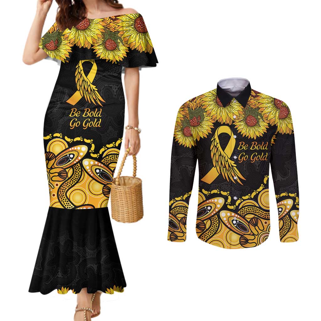 Be Bold Go Gold Aboriginal Ribbon Childhood Personalised Couples Matching Mermaid Dress and Long Sleeve Button Shirt
