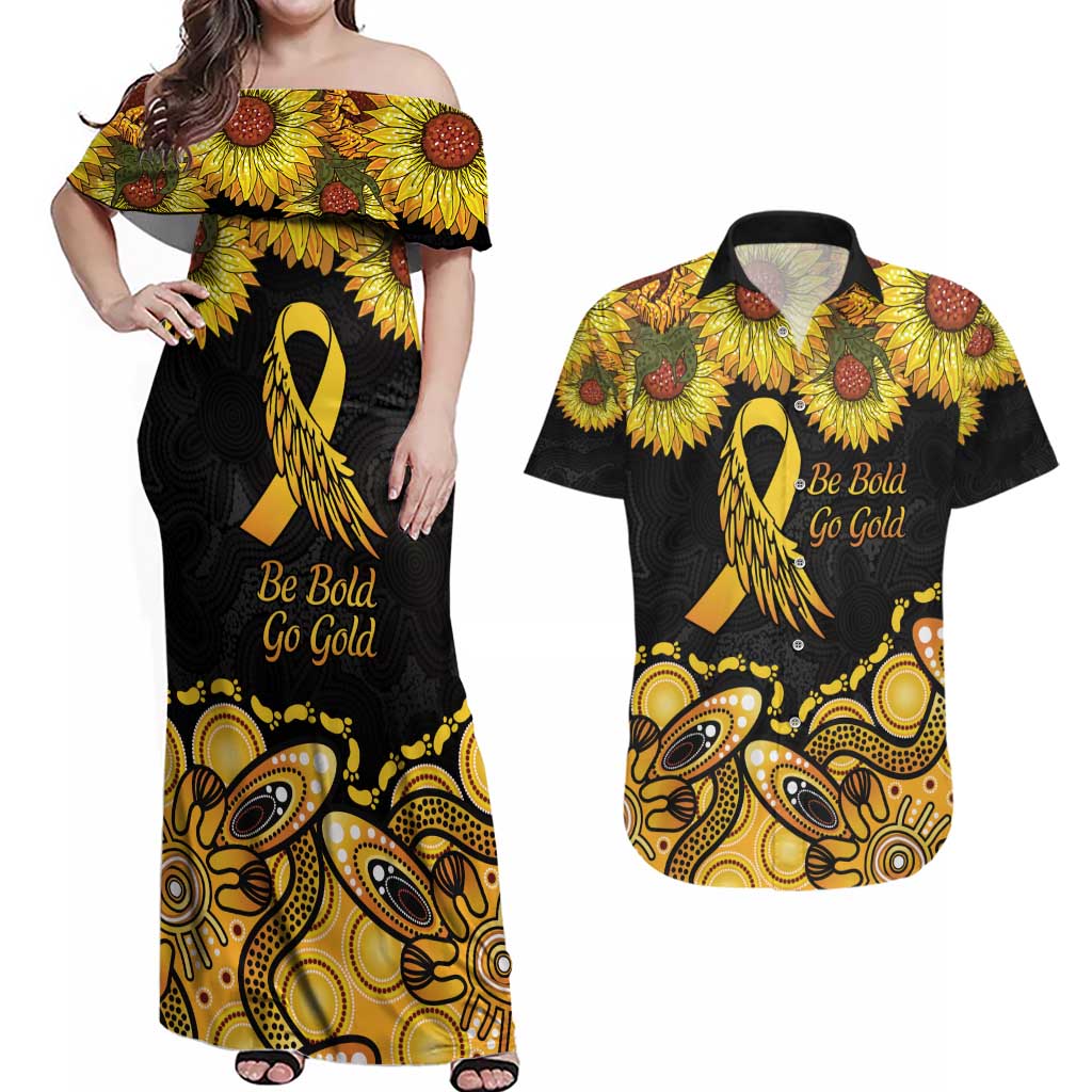 Be Bold Go Gold Aboriginal Ribbon Childhood Personalised Couples Matching Off Shoulder Maxi Dress and Hawaiian Shirt