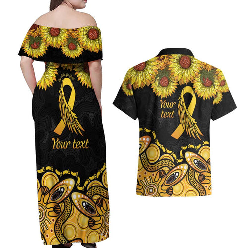 Be Bold Go Gold Aboriginal Ribbon Childhood Personalised Couples Matching Off Shoulder Maxi Dress and Hawaiian Shirt