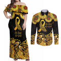 Be Bold Go Gold Aboriginal Ribbon Childhood Personalised Couples Matching Off Shoulder Maxi Dress and Long Sleeve Button Shirt