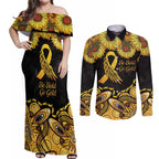 Be Bold Go Gold Aboriginal Ribbon Childhood Personalised Couples Matching Off Shoulder Maxi Dress and Long Sleeve Button Shirt