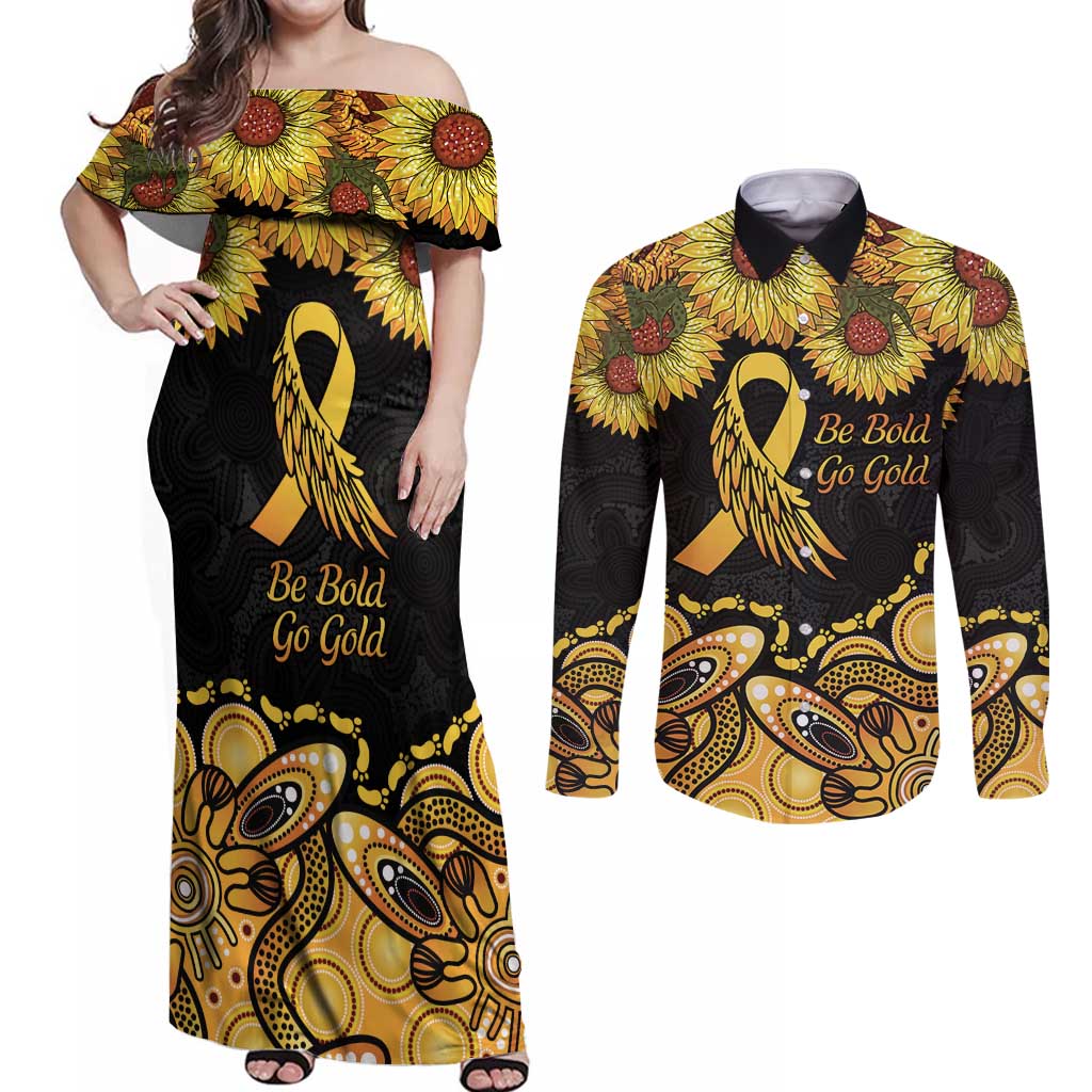 Be Bold Go Gold Aboriginal Ribbon Childhood Personalised Couples Matching Off Shoulder Maxi Dress and Long Sleeve Button Shirt