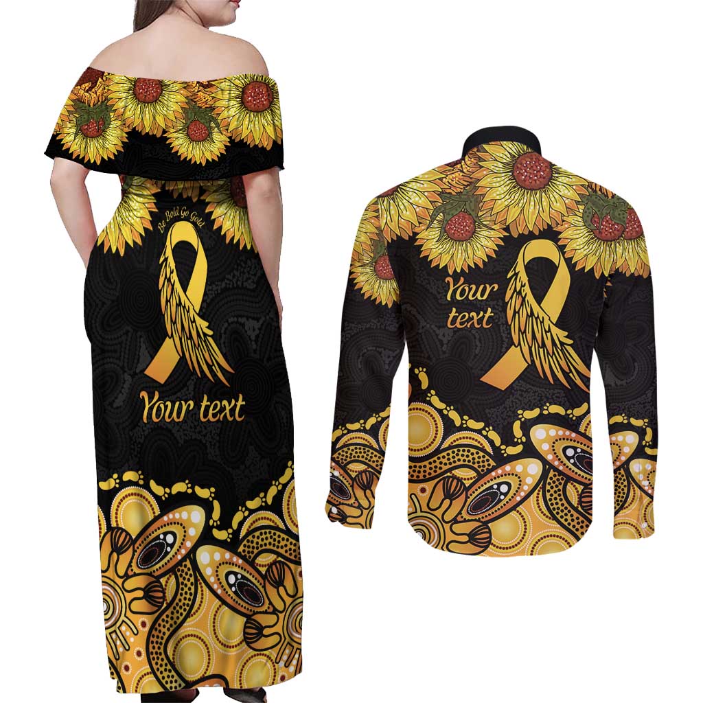 Be Bold Go Gold Aboriginal Ribbon Childhood Personalised Couples Matching Off Shoulder Maxi Dress and Long Sleeve Button Shirt