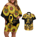 Be Bold Go Gold Aboriginal Ribbon Childhood Personalised Couples Matching Off Shoulder Short Dress and Hawaiian Shirt