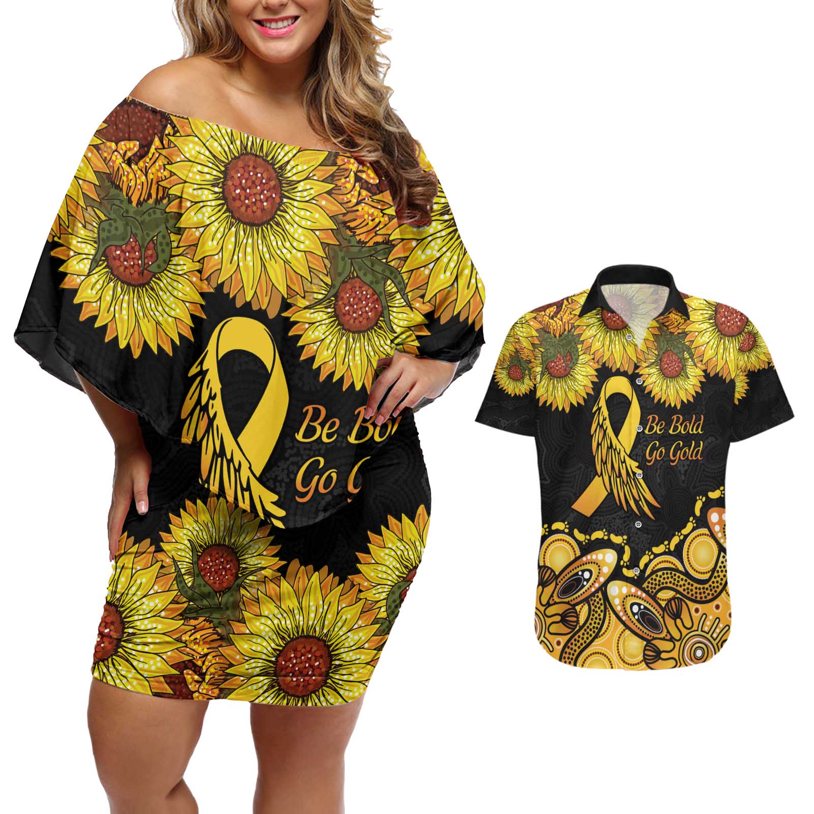 Be Bold Go Gold Aboriginal Ribbon Childhood Personalised Couples Matching Off Shoulder Short Dress and Hawaiian Shirt