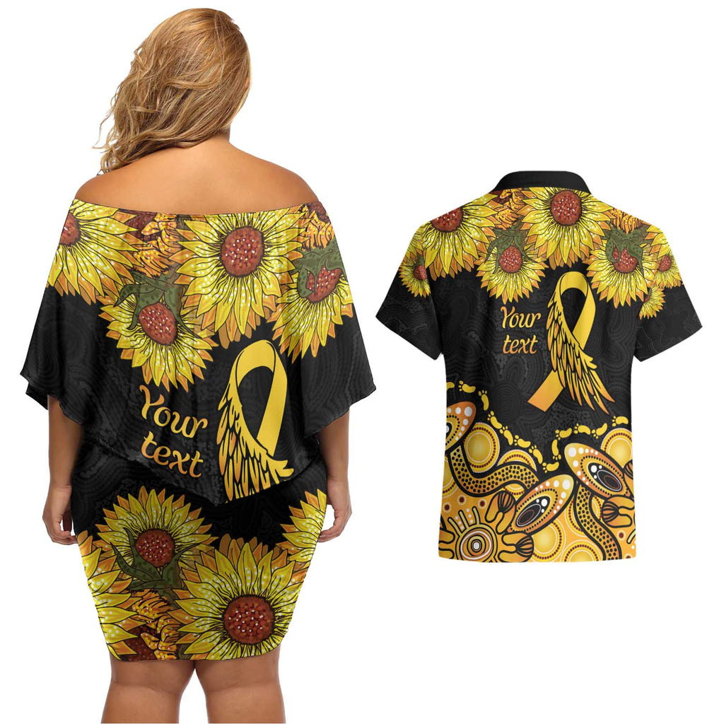 Be Bold Go Gold Aboriginal Ribbon Childhood Personalised Couples Matching Off Shoulder Short Dress and Hawaiian Shirt
