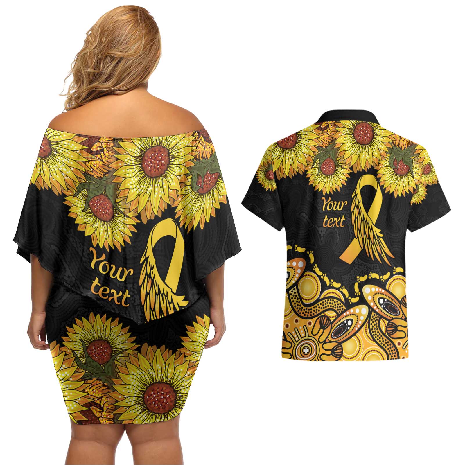 Be Bold Go Gold Aboriginal Ribbon Childhood Personalised Couples Matching Off Shoulder Short Dress and Hawaiian Shirt