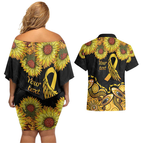 Be Bold Go Gold Aboriginal Ribbon Childhood Personalised Couples Matching Off Shoulder Short Dress and Hawaiian Shirt