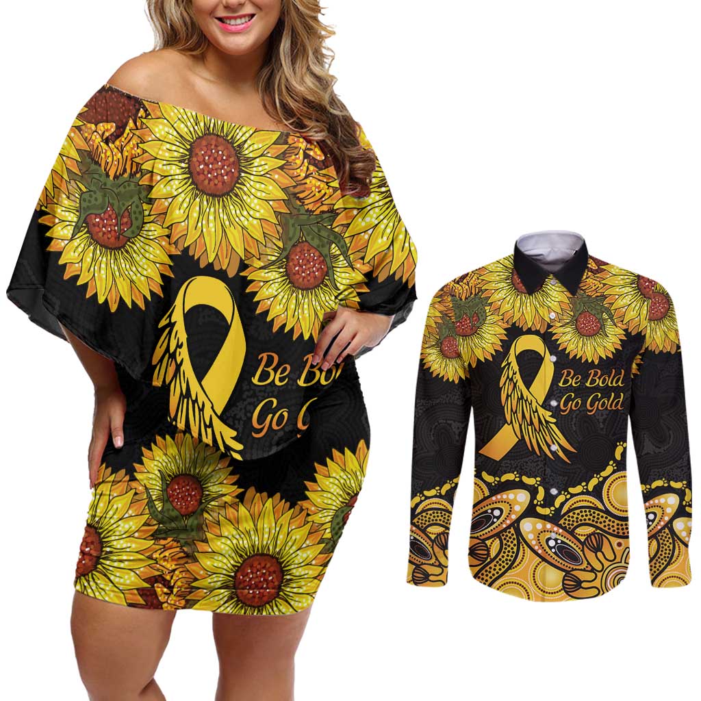 Be Bold Go Gold Aboriginal Ribbon Childhood Personalised Couples Matching Off Shoulder Short Dress and Long Sleeve Button Shirt