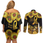 Be Bold Go Gold Aboriginal Ribbon Childhood Personalised Couples Matching Off Shoulder Short Dress and Long Sleeve Button Shirt
