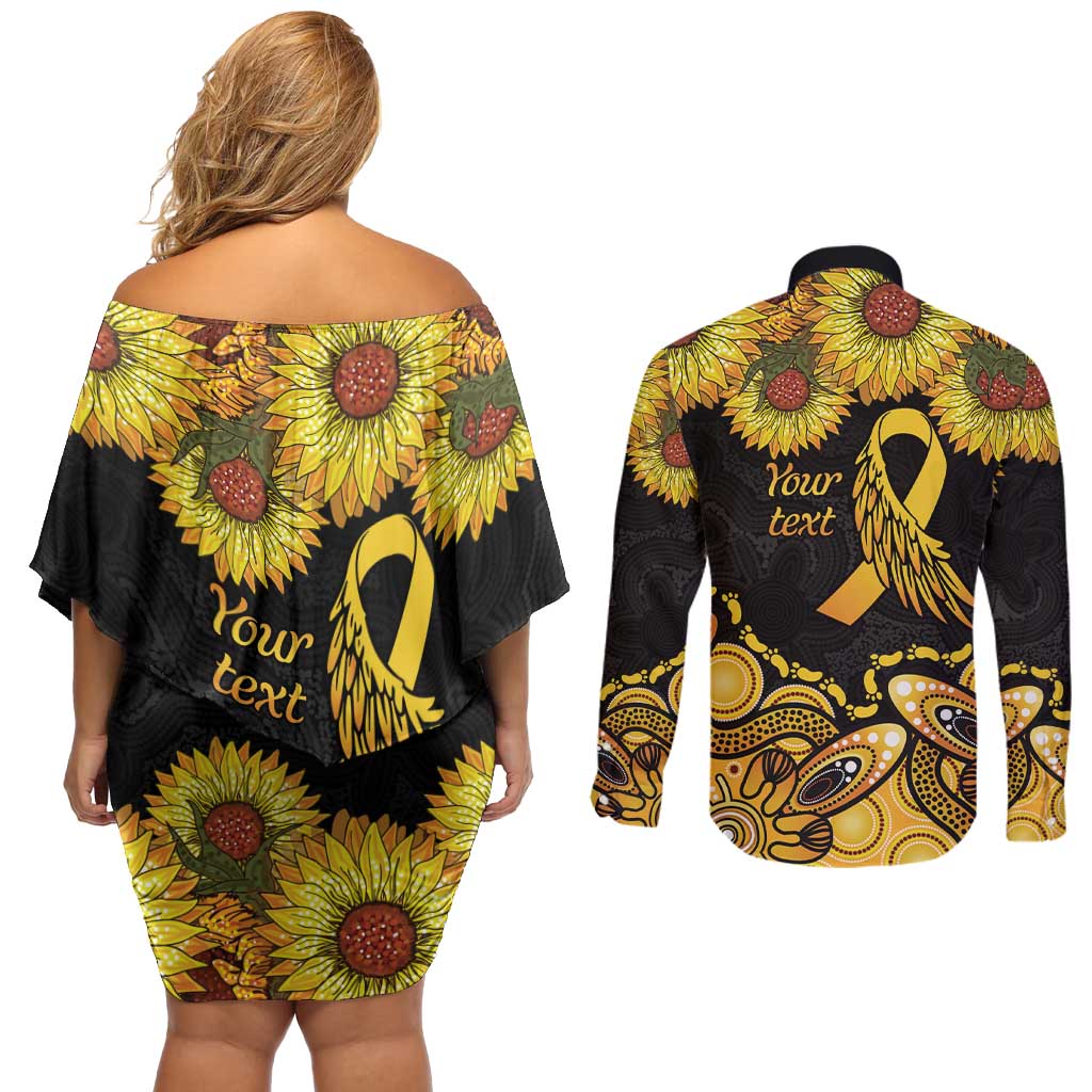 Be Bold Go Gold Aboriginal Ribbon Childhood Personalised Couples Matching Off Shoulder Short Dress and Long Sleeve Button Shirt