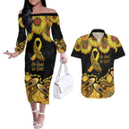 Be Bold Go Gold Aboriginal Ribbon Childhood Personalised Couples Matching Off The Shoulder Long Sleeve Dress and Hawaiian Shirt