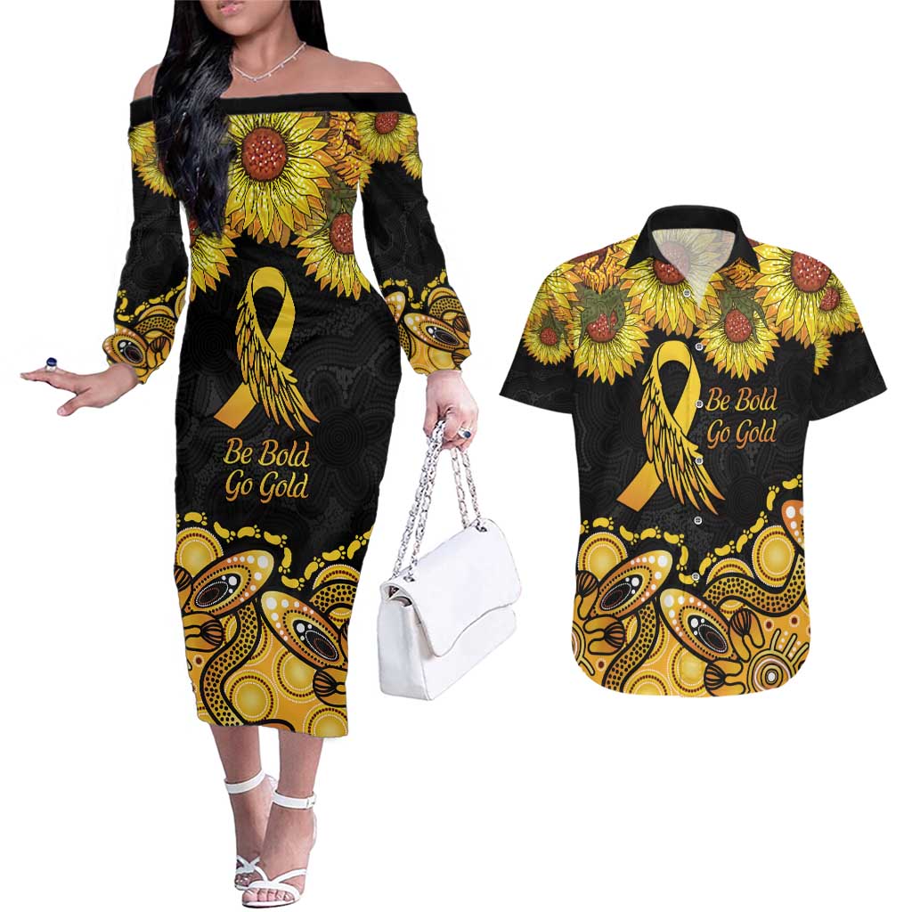 Be Bold Go Gold Aboriginal Ribbon Childhood Personalised Couples Matching Off The Shoulder Long Sleeve Dress and Hawaiian Shirt