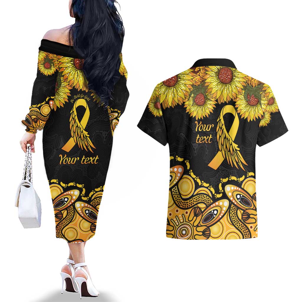 Be Bold Go Gold Aboriginal Ribbon Childhood Personalised Couples Matching Off The Shoulder Long Sleeve Dress and Hawaiian Shirt