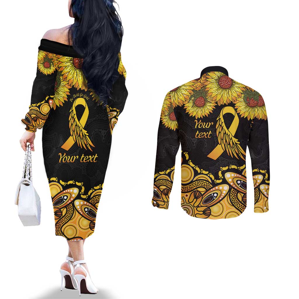 Be Bold Go Gold Aboriginal Ribbon Childhood Personalised Couples Matching Off The Shoulder Long Sleeve Dress and Long Sleeve Button Shirt