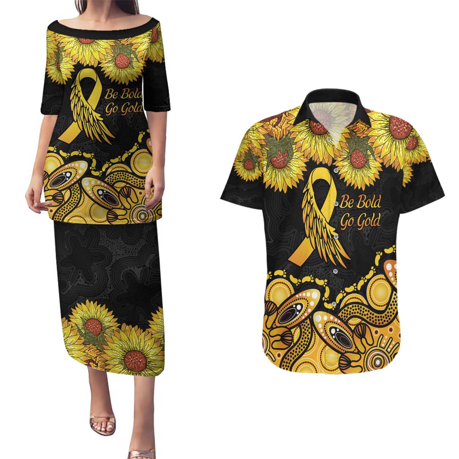 Be Bold Go Gold Aboriginal Ribbon Childhood Personalised Couples Matching Puletasi and Hawaiian Shirt