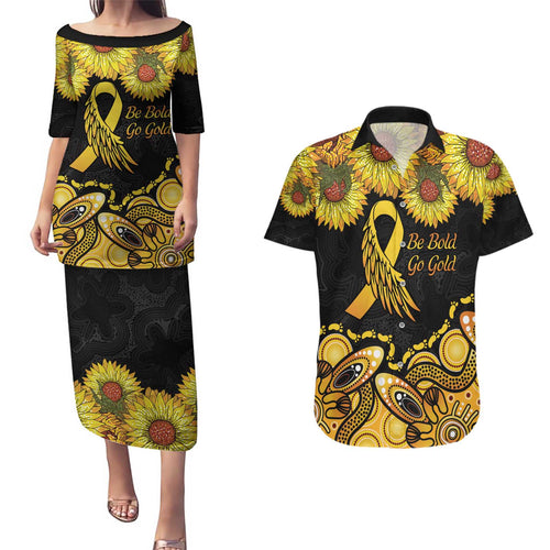 Be Bold Go Gold Aboriginal Ribbon Childhood Personalised Couples Matching Puletasi and Hawaiian Shirt