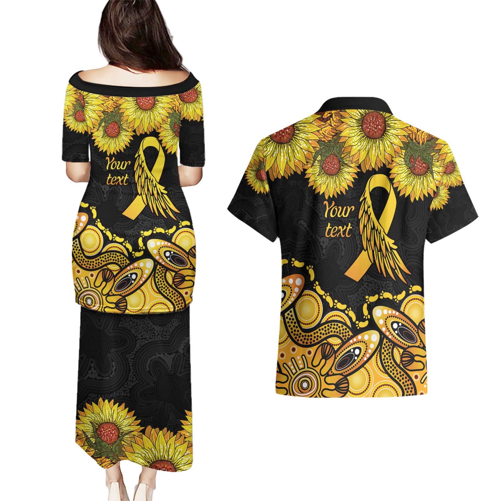Be Bold Go Gold Aboriginal Ribbon Childhood Personalised Couples Matching Puletasi and Hawaiian Shirt