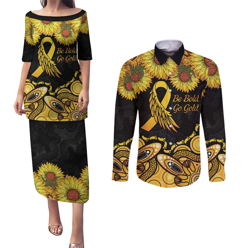 Be Bold Go Gold Aboriginal Ribbon Childhood Personalised Couples Matching Puletasi and Long Sleeve Button Shirt